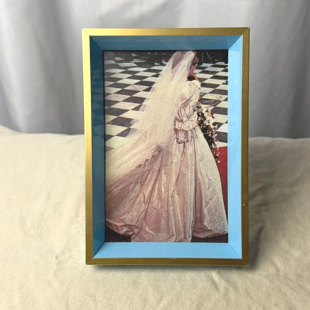 VTG Princess Diana Wedding Photo Gold Blue Frame Small 4x6 Tabletop Easel